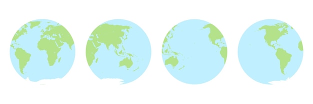 地球の 4 つのビュー サークル地球。大陸と海。ベクトル イラスト。