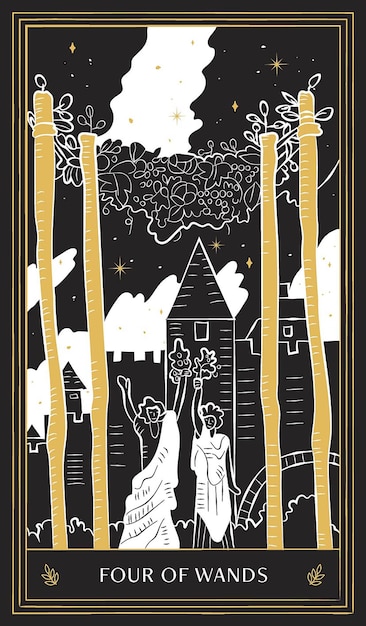 Four of Wands Tarot Card in Minor Arcana with Black Gold and White Hand Drawn Vector Doodle