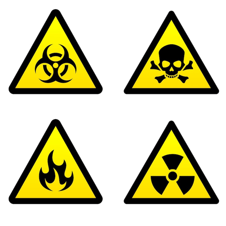 Vector four warning yellow signs of various kinds of danger