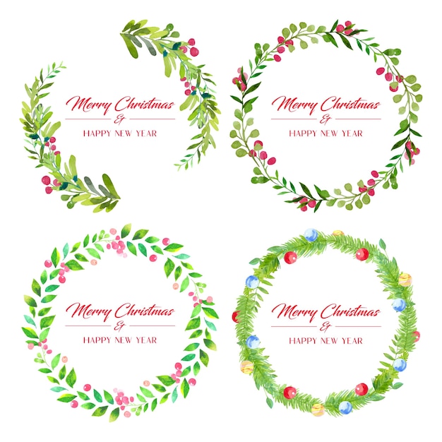 Four watercolor green Christmas wreath set