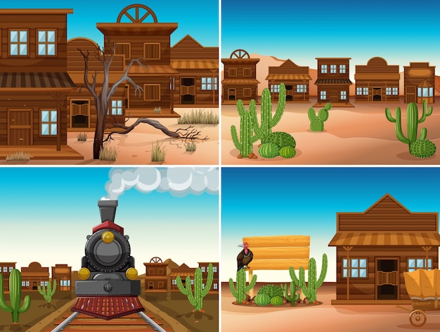 Четыре западные сцены со зданиями и поездом