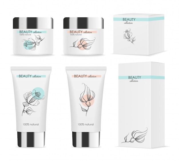 Four white cosmetic tubes with floral design and packs. 