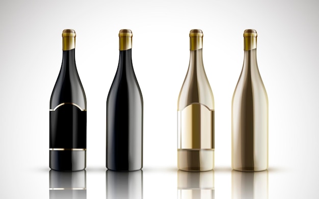 Vettore quattro bottiglie di vino due bottiglie nere a sinistra e due argento a destra illustrazione 3d di sfondo bianco isolato