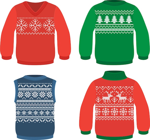 Vector four winter warm sweaters with christmas patterns, snowflakes, christmas tree and deers