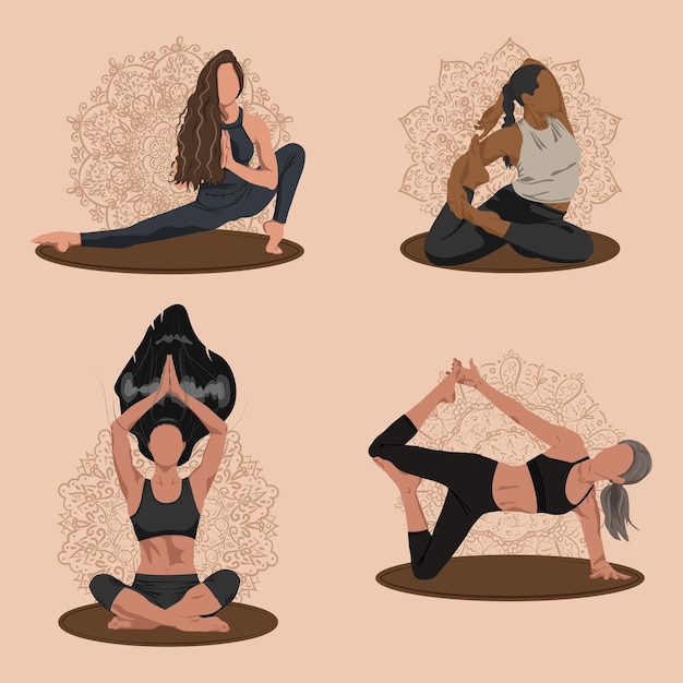 Vector four yoga poses performed by women of different nationalities