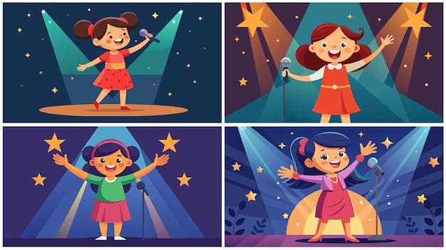 Four Young Girls Cartoon Singing on Stage at a Talent Show