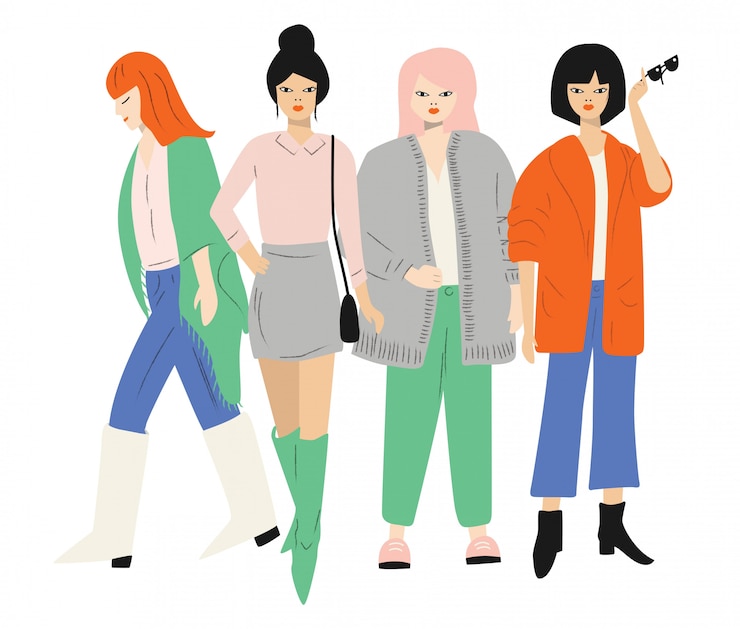 Vector 가을 옷 서서 걷는 네 젊은 여성. 흰색에 격리. 플랫