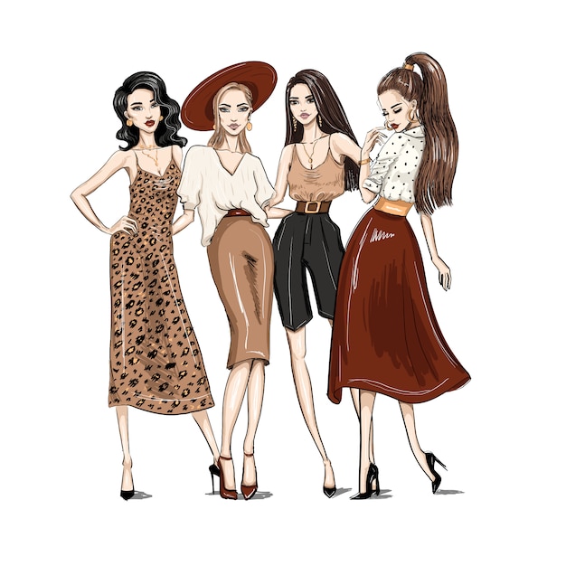 Vector four young women dressed in trendy clothes