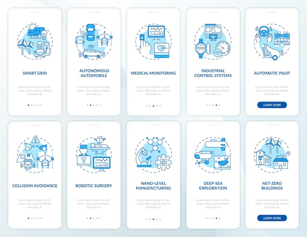 Fourth industrial revolution onboarding mobile app page screen with concepts set. CPS implementation walkthrough  steps. UI  template with RGB color