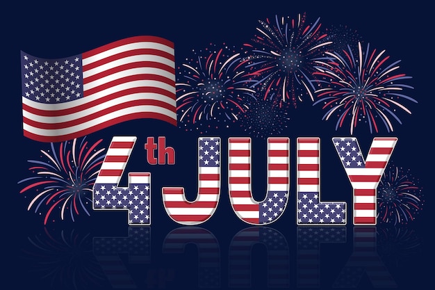 Vettore banner di quarto di luglio con fuochi d'artificio su sfondo blu scuro