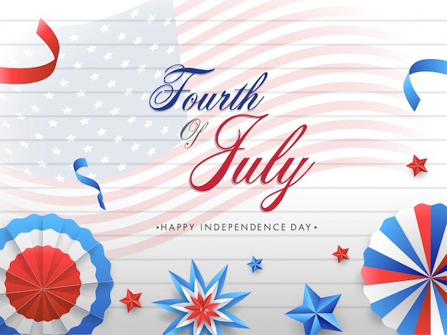 Vector fourth of july font with national tricolor paper cut badge, stars and ribbons decorated on american wavy flag and horizontal stripe pattern background.