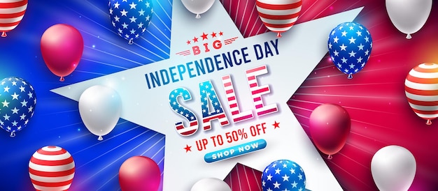 Vettore fourth of july independence day sale banner design con ballon di festa su sfondo rosso e blu