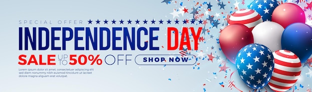 Vector fourth of july independence day sale banner with party balloon and falling star in americancolor