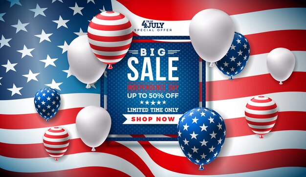 Fourth of July. Independence Day of USA Sale Banner Design with Balloon 