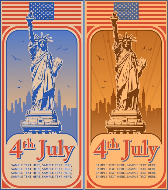 Quarto di luglio giorno dell'indipendenza degli stati uniti, statua della libertà, festività, illustrazione