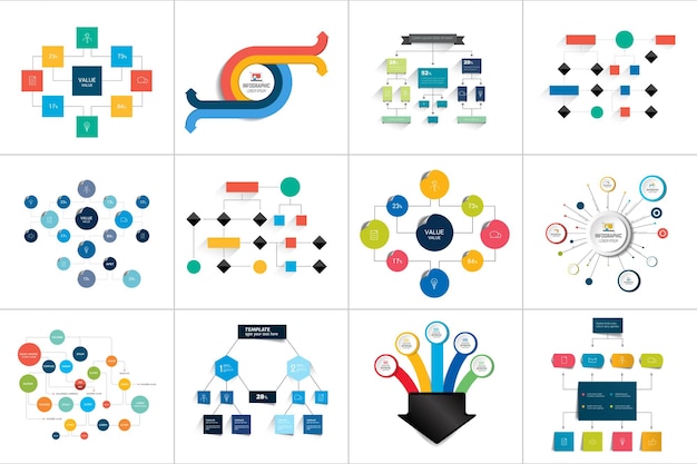 Fowcharts schemes diagrams Mega set Simply color editable Infographics elements