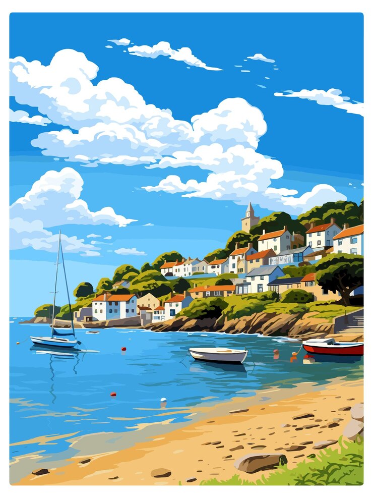 Vector fowey england vintage travel poster souvenir postcard portrait painting wpa illustration