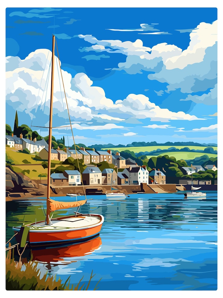 Vector fowey river england vintage travel poster souvenir postcard portrait painting wpa illustration