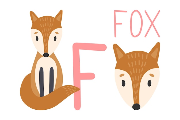 Fox Animal alphabet. Hand draw forest animals in Scandinavian style.