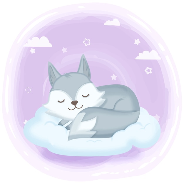 Фокс спит на облаке рисованной иллюстрации