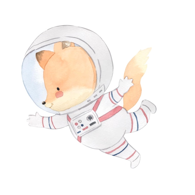 Fox astronaut watercolor illustration for kids