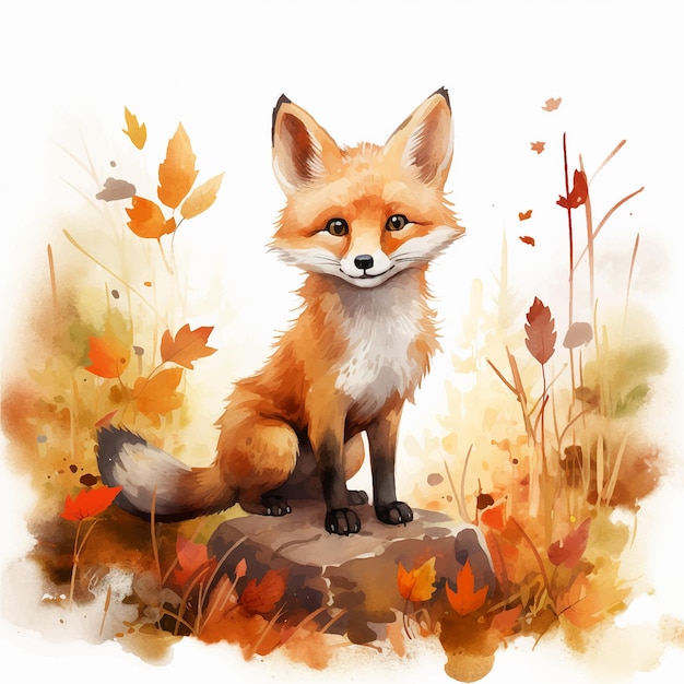 Fox in autumn nature watercolor paint