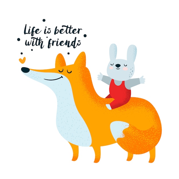 Vector fox and bunny. friendship, friends. cute animals characters