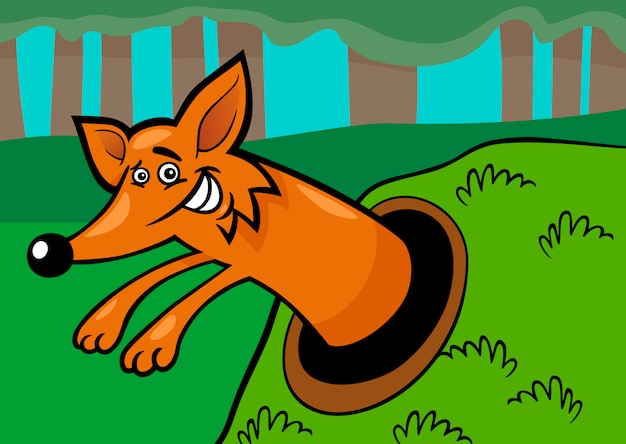 Vector fox in burrow cartoon illustration