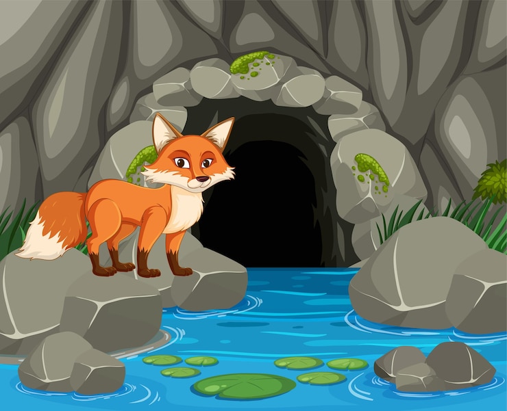 Vector fox by the cave entrance