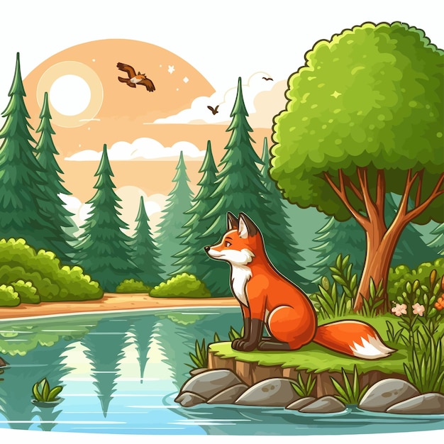 Vector a fox by the lake