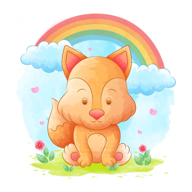 Fox cartoon with watercolor, rainbow and flower backgrounds