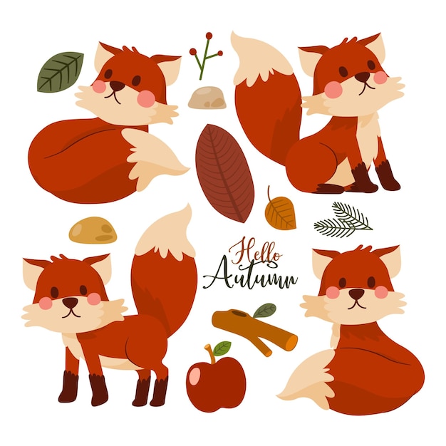 Fox Character Autumn Animal Cartoon Set Design