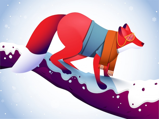 Fox character standing on tree branch and snowfall