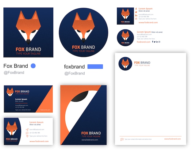 Vector fox company logotype including stationery