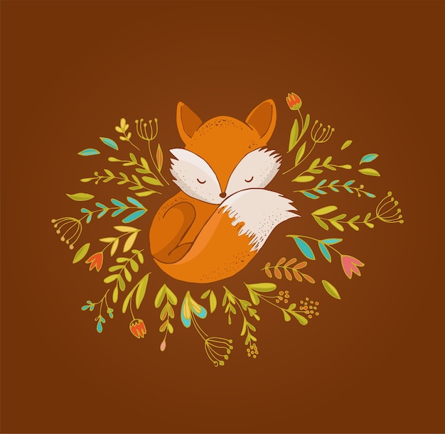 Vector fox, cute, lovely illustration and greetin card