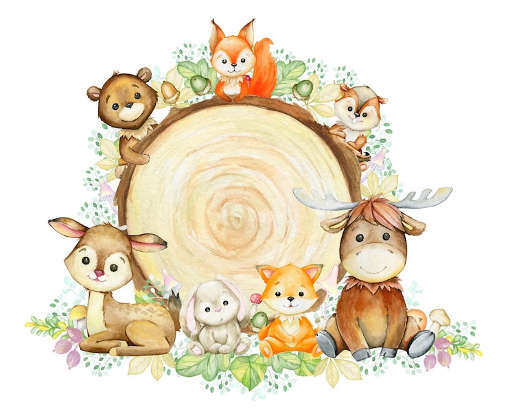 Vector 여우, 사슴, 다람쥐, 토끼, 무스, 곰, 다람쥐. 만화 스타일의 나무 배경에 수채화 숲 동물.