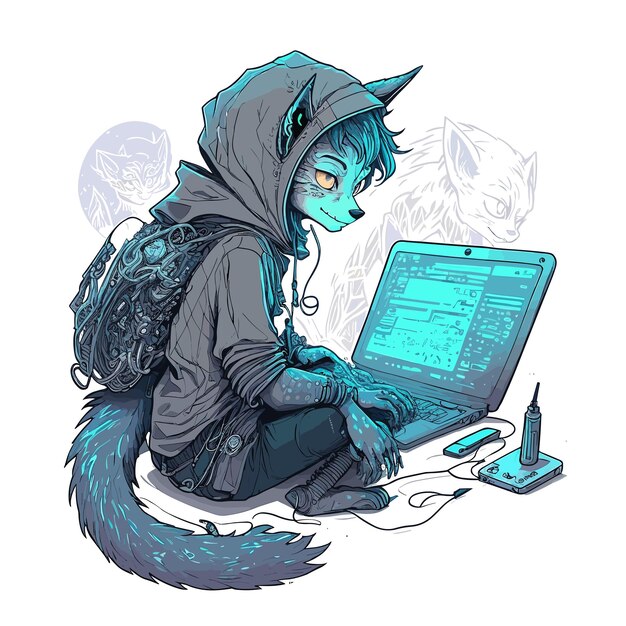 Vector fox draagt een donkere hoodie en gebruikt een laptop.