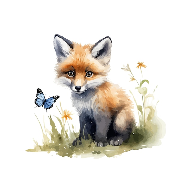 Fox Examining a Butterfly Watercolor Illustration