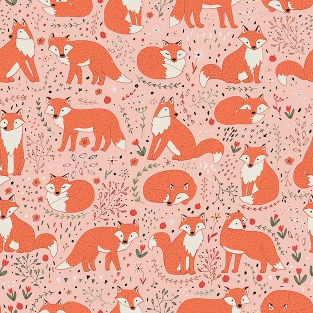 Premium Vector | Fox forest animals vector seamless pattern