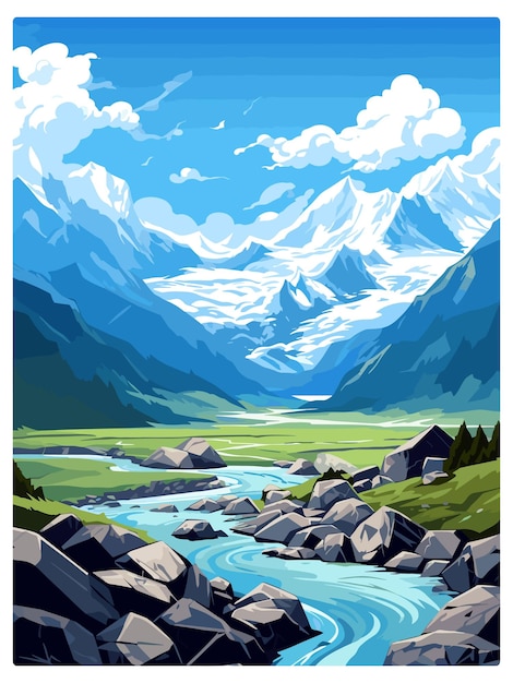 Fox Glacier Новая Зеландия Винтажный туристический плакат Сувенир Почтовая карточка Портретная живопись Иллюстрация WPA