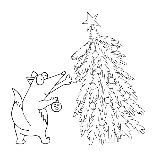 Фокс вешает игрушечный мяч на новогоднюю векторную иллюстрацию рождественской елки