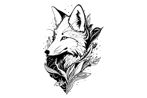 Vector fox head framed with flowers hand drawn ink sketch engraving style vector illustration