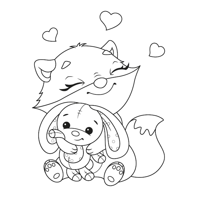 Premium Vector Fox hugging rabbit coloring page