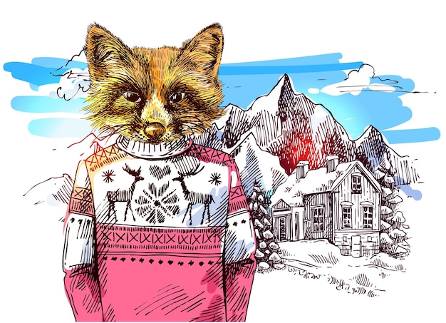 Fox in knitted sweater in mountains Vector illustration for greeting card poster or print on clothes Fashion Style drawing Hipster