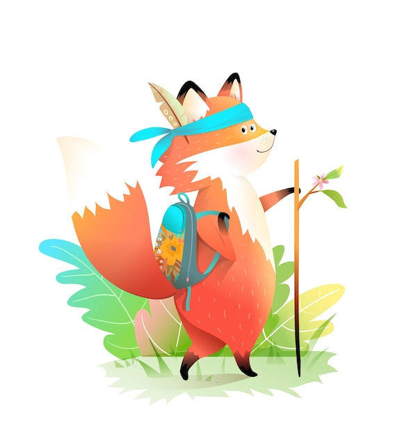Маленький исследователь лисица отправляется в приключения с рюкзаком и палкой, в перьях. милый персонаж животных для детей.