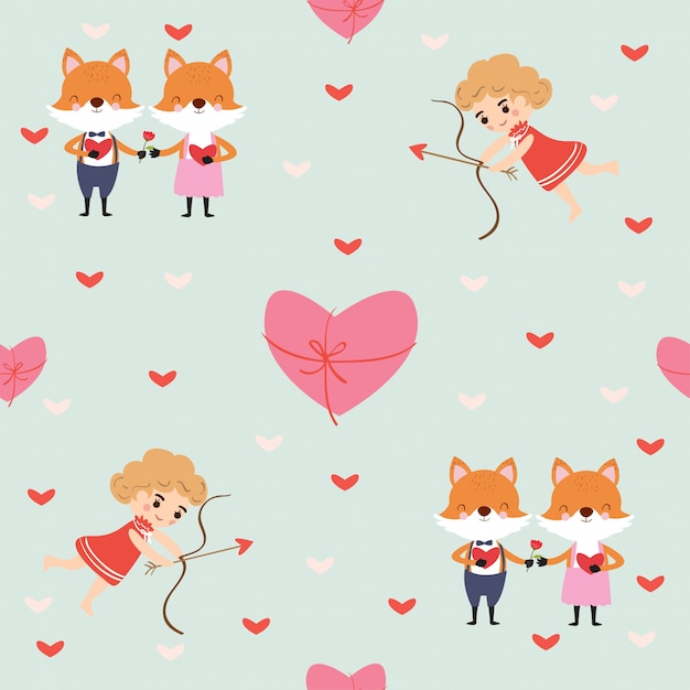 Fox in love and cupid seamless pattern