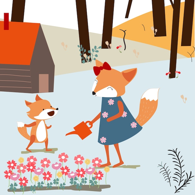 Fox and mom watering flower garden