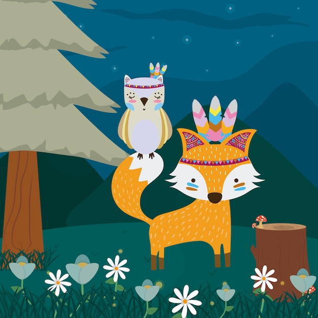 Fox and owl in the forest cute cartoon