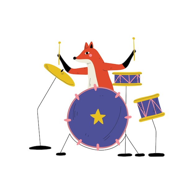 Vector fox playing drums cute cartoon animal musician character playing percussion musical instrument vector illustration on white background