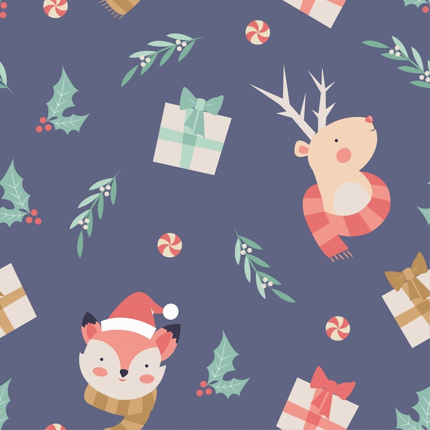 Fox and Reindeer Christmas Seamless Pattern